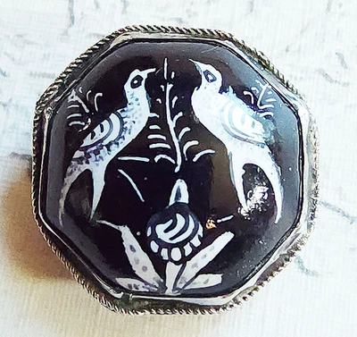 Vintage Black & White Persian Enamel Octagon Button w/ Hand Painted Birds ~ 3/4" - Image 1 of 4