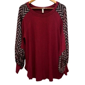 P & Rose Tunic Top Shirt Burgundy Sparkle Sleeves Sz L Wine Zig Zag Accent NEW - Picture 1 of 5
