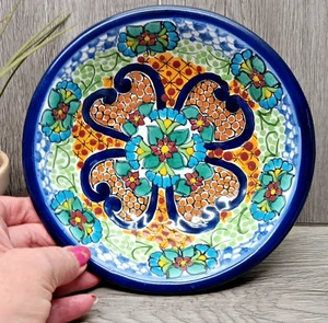Authentic Talavera Blue Floral Mexican Pottery Bowl Signed 7" Hand Painted - Picture 1 of 11