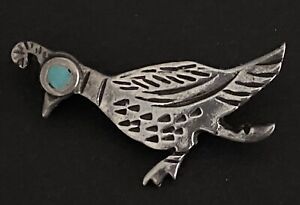 Vintage NAVAJO Native American Sterling Silver & Turquoise Quail Bird Pin Brooch