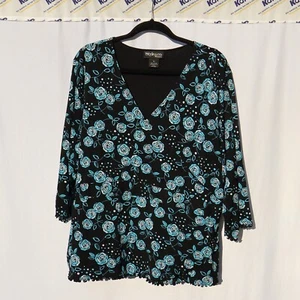 blusa style and co talla grande 3x manga 3/4 azul negro blanco floral - Imagen 1 de 5