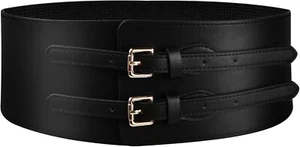 Genuine Leather Belt Black Wide Belt Waist cinch Women party gothic punk retro - Picture 1 of 2