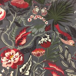 800. Flowers and bird on dark grey 100% Cotton Fabric. Price per 1/2 metre