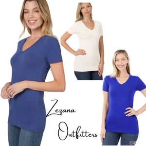 Zenana Outfitters V-Neck Basic Cotton Short Sleeve T-Shirt - CHOOSE COLOR & SIZE - Picture 1 of 48