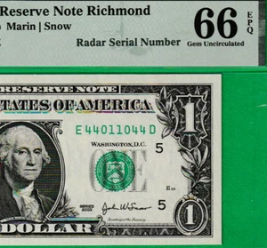 $1  Federal Reserve note RADAR Serial Number  4401 1044 PMG 66 - Picture 1 of 3