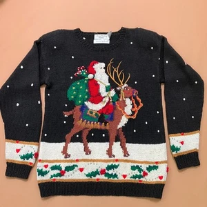 Marisa Christina Classics Christmas Sweater Santa Reindeer Knitted By Hand - Picture 1 of 12