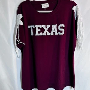 NWOT Fantastic Fawn Game Day Maroon Sequin Texas Stars & Fringe T-Shirt - Picture 1 of 7