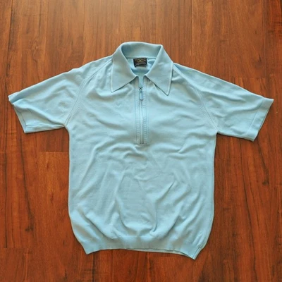 Vtg 60s 70s M Medium Puritan Ban Lon Blue Knit Polo Shirt Mens Zip - Image 1 of 4