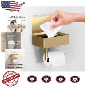 Gold Toilet Paper Holder with Wipe Shelf - Stainless Steel, Easy Install - Picture 1 of 10