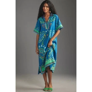Abito midi nuovo con etichette anthropologie x farm rio manica corta colletto blu XS - Foto 1 di 8