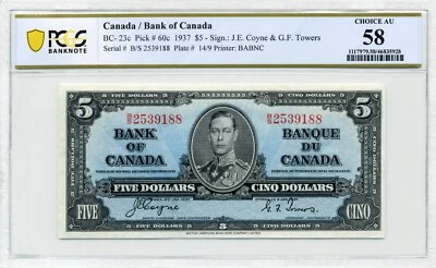 1937 $5 Bank of Canada - Choice About Uncirculated, BC-23c, PCGS AU58 - Image 1 of 2