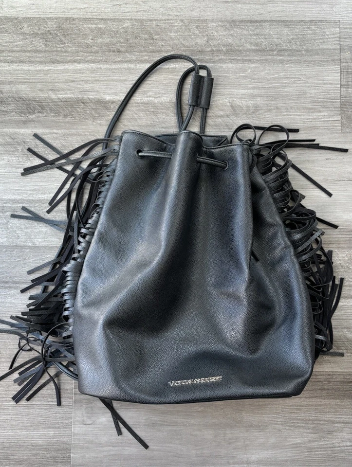 Victoria’s Secret Black Fringe Backpack Cinch Faux Leather - Image 1 of 4