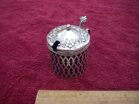 Nice Victorian Sterling MUSTARD POT-Floral Pattern-Cobalt Glass Liner-No Mono Cover