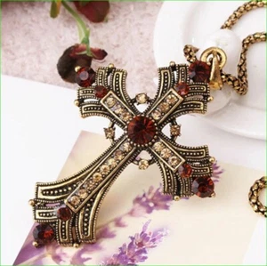 1.30Ct Round Cut Lab Created Ruby Cross Shape Pendant Yellow Gold Plated Silver - Picture 1 of 3