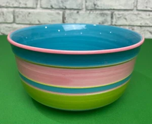 Decorative Pastel Striped 8.5" Bowl - Art Pottery Hand Painted Ceramic Bowl - Picture 1 of 7