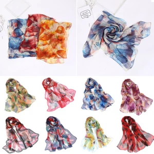 Women Long Floral Silk Blend Pashmina Scarf Wrap Stole Shawl Sunscreen Scarves - Picture 1 of 26
