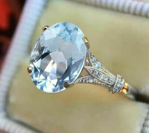 4Ct Oval Cut Aquamarine Diamond 14K White Gold Over Solitaire Engagement Ring - Picture 1 of 4