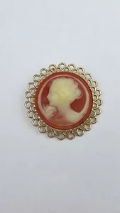 Vintage Salmon Color Lady Head Cameo Necklace Pendant Brooch Left Facing - Picture 1 of 4