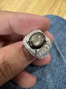 Natural Black Star Sapphire Gemstone Solid 14k White Gold Ring For Men's #4270 - Picture 1 of 7