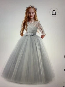 IBTOM CASTLE Girls Vintage Floral Lace 3/4 Sleeves Floor Length Dress, Gray  5/6 - Picture 1 of 5
