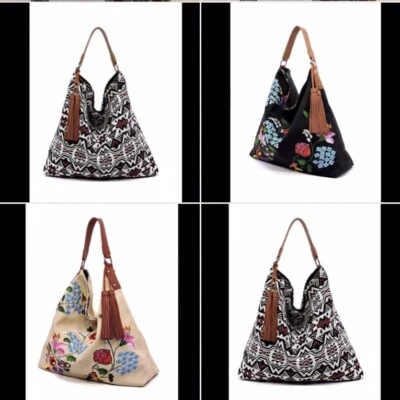 Bolso de Mano República Floral BORDADO HOBO REVERSIBLE a Estampado-Bronceado o Negro BOHO Foto 1 de 4