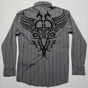 Roar Signature Shirt Mens Medium Gray Stripe Dragon Tribal Embroidered Button Up - Picture 1 of 11