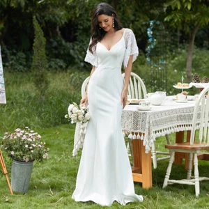 Elegant Lace V Neck Fishtail Wedding Dress for Women (&Plus Size) - Picture 1 of 9