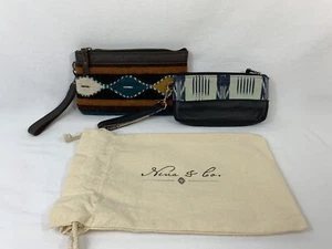 Lot Of 2 Nena & Co Mexico Leather Wool Embroidered Western Wristlet Clutch Purse - Picture 1 of 20