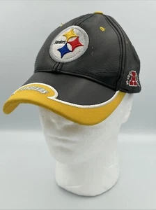VTG Pittsburgh Steelers 100% Leather Reebok Hat Black & Yellow Retro NFL - Picture 1 of 13