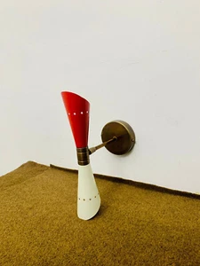 Wall Sconces 1950's Mid Century Brass Italian Red and White Diabolo Wall Sconce - Picture 1 of 7