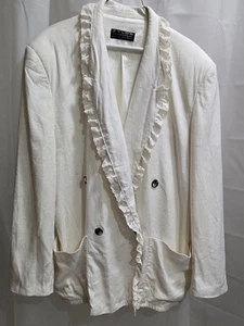 Vintage Women's White Linen Double Breasted Blazer W/Eylet Trim US Size M - Picture 1 of 10