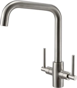 Brushed Steel Kitchen Tap Peppermint Dual Lever Mixer Taps 1 Hole... - Picture 1 of 9