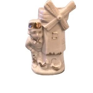 Vintage kleine Keramik Vase Dutch Boy Windmühlen weiß & gold Japan - Bild 1 von 5