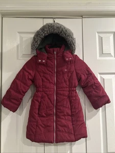 Calvin Klein Girls Size 5 Long Length Hooded Puffer Jacket Burgundy - Picture 1 of 10