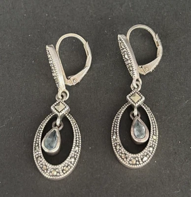 Pendientes colgantes de plata de ley 925 Judith Jack topacio azul marcasita Foto 1 de 4