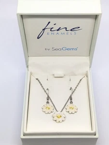 Feines Emaille Gänseblümchen Schmuckset von Meer Edelsteine, Ohrring und Halskette Set - Bild 1 von 9