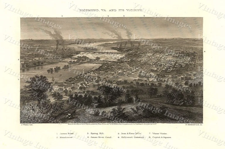 1863 Birdseye View Map civil war Era Richmond Virginia county Historic Map - Image 1 of 1