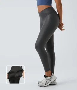 Halara Faux Leather Crossover Pocket Foil Print Stretchy Capri Leggings XS NWT - Picture 1 of 16