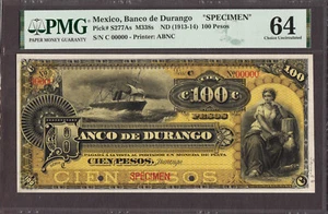 Mexico Banco de Durango 100 Pesos 1888-1907 SPECIMEN P-S277s M337s CH UNC PMG 64 - Picture 1 of 2