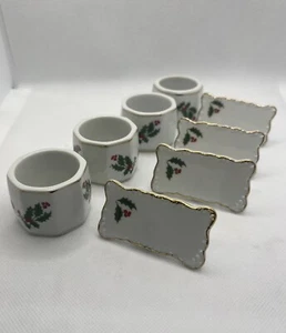 Vintage handverziertes Porzellan 4 Serviettenringe und 4 Tischkarten Made in Japan - Bild 1 von 11