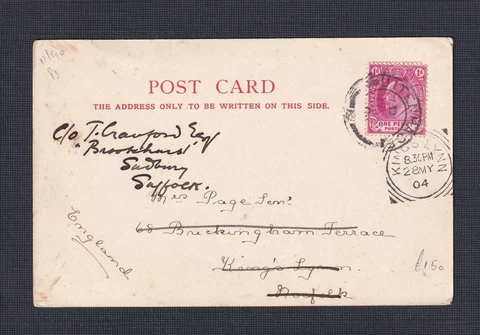 CAPE OF GOOD HOPE 1904 POSTCARD UITENHAGE TO KINGS LYNN UK W/ SQUARED CIRCLE Cover