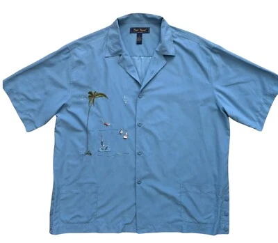 Nat Nast Embroidered Hawaiian Shirt Mens XL Blue Embroidered Palm Tree Sailboats - Image 1 of 4