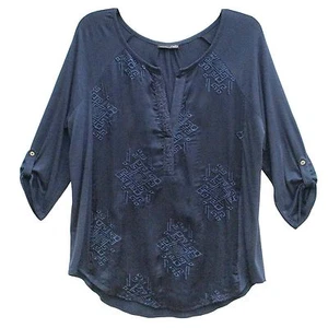 RXB Embroidered Roll-Sleeve Popover Top NAVY Women's Sz S-XXL NWT MSRP$68 NICE! - Picture 1 of 5