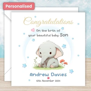 Biglietto Personalizzato Nuovo Baby Boy It's a Boy Card Auguri Carino Elefante - Foto 1 di 4