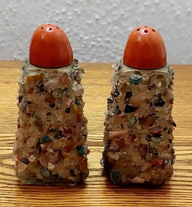 Vintage pebble/gem/shell? encrusted glass salt & pepper shaker set w/orange caps - Picture 1 of 8