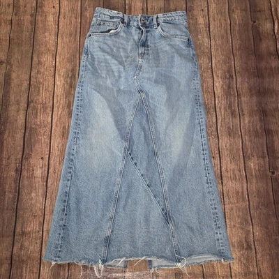 Mango Denim Skirt Women XS Blue Maxi Distressed Pockets Back Slit - Image 1 of 4