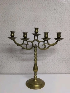 Vintage Solid Brass Candelabra 5 Arm Candlestick Holder Hebrew Engraved  - Picture 1 of 14