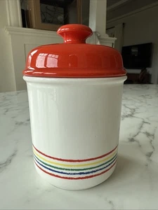 Vtg 80s 7” Red Dome Top Primary Stripes Canister Japan - Picture 1 of 8