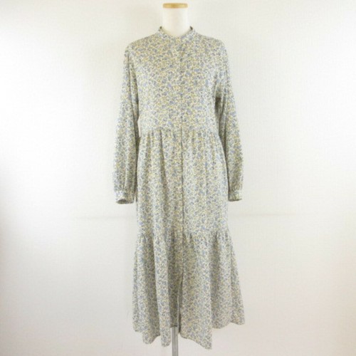 OFF WHITE GU Camicia Abito Midi Lunghezza Manica Lunga Floreale a Livelli Bianco Sporco Blu S*T421