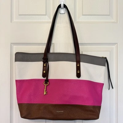 Bolso de Mano Fossil Jenna Cartera de Cuero Guijarro Rosa Gris Bolso de Hombro a Rayas Foto 1 de 4
